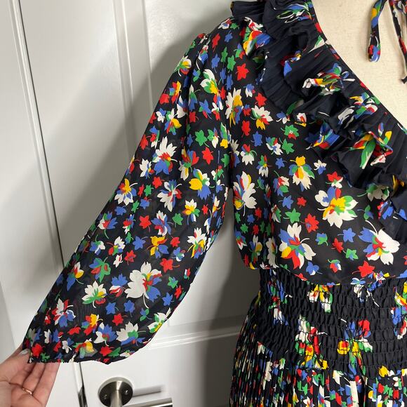 VTG Assorti Susan Freis Dress XS Black V-Neck Ruffle Floral Midi Smocked Blouson - Picture 6 of 12